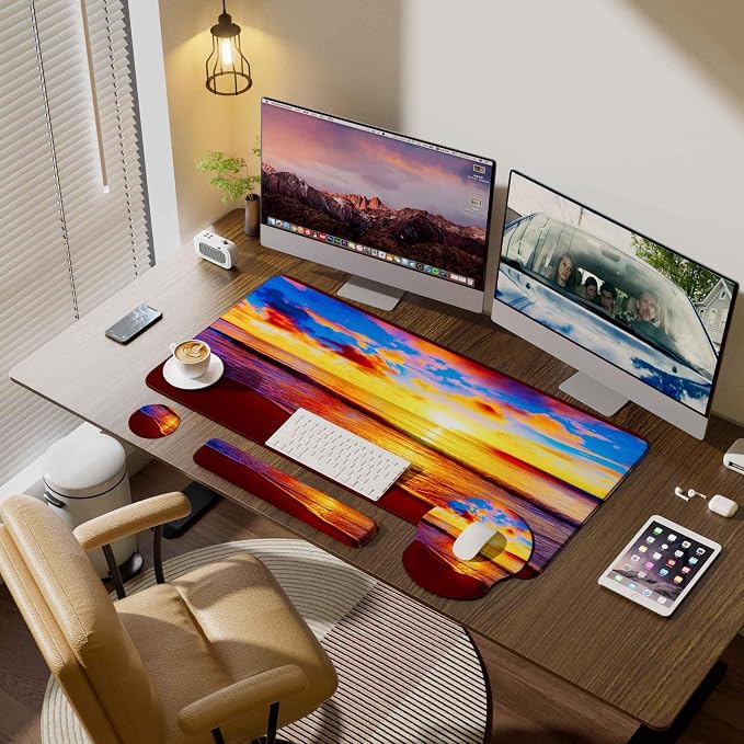 Desk Mat Set + Keyboard and Mouse Pad with Wrist Rest Support,4-in-1 Large Mousepad Computer Mats for Desktop Home & Office-Golden Beach