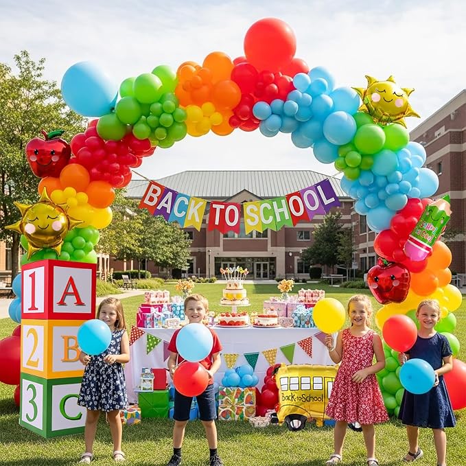 Preschool graduation party decorations Kit with cartoon Theme primary color Balloon and ABC123 Box rainbow sun apple balloon for kid Sesame Friends birthday Kindergarten pre k back to school supplies