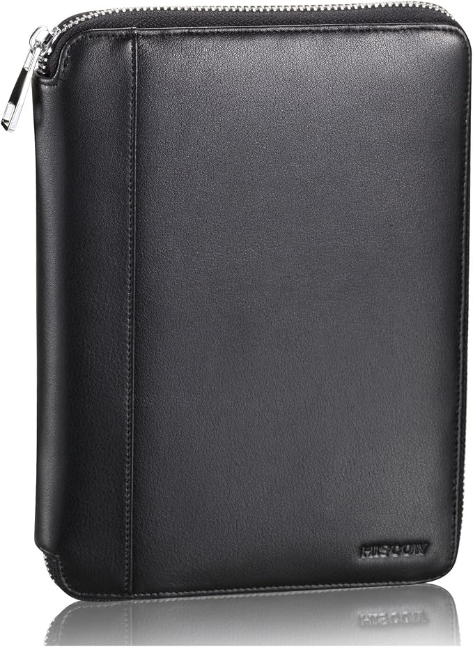 HISCOW Zip-Around Leather Junior Padfolio, 5x8 Notepad Cover, Black | Italian full-grain cowhide, top-loading legal pad holder, tablet and document sleeve, 2 card slots, rigid pen loop