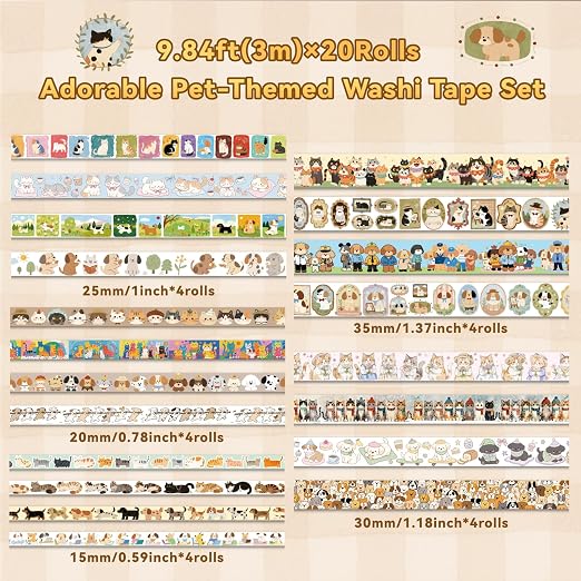 Cat & Dog Washi Tapes Set 20 Rolls, Cute Decorative Masking Tape for Junk Journal, Scrapbooking Supplies, DIY Crafting Supplies