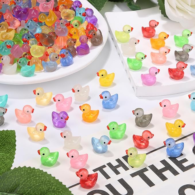 280PCS 18 Colors Luminous Mini Resin Ducks Glow in The Dark Tiny Ducks Figures to Hide Bulk Plastic Duck Miniature for Dollhouse Micro Landscape Aquarium Potted Cake Decor DIY Craft Gifts Party Favors