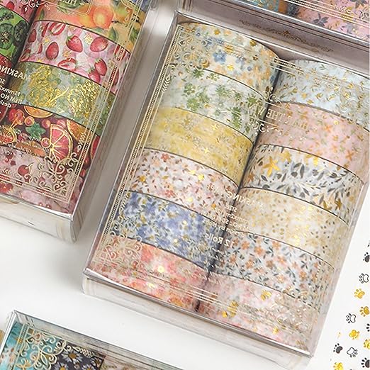 12 Rolls Charming Washi Tape Set Gold Silver Foil Detailing Arts Adhesive Tapes Basic Patterns Decorative Masking Tape Sets for Craft, Kids, Scrapbook, DIY, Gift Wrapping (Spring Bloom)