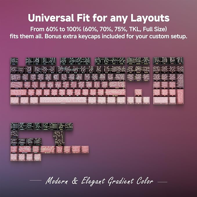 133 Aesthetic Topographic PBT Keycaps, No Tearing, Never Fade & Non-Slip, Modern RGB Backlit Black-to-Pink Gradient Keycaps for Mechanical Keyboard - Ergonomic (Doubleshot, Fit All for MX Layout)