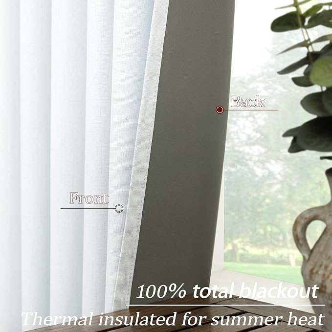KOUFALL 102 Inches Long Curtains,Linen Blackout White Back Tab Pleated Curtains for Living Room 2 Panels Set