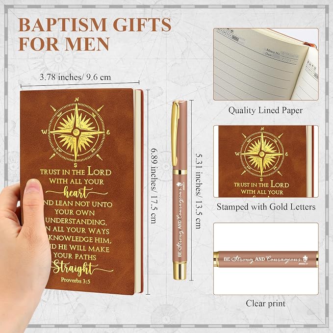 Fuyoooo 4 Pcs Baptism Gift Set for Men First Communion Gift Include Christian Journal Bible Notebook Engraved Compass and Religious Catholic Pen for Church Pastors