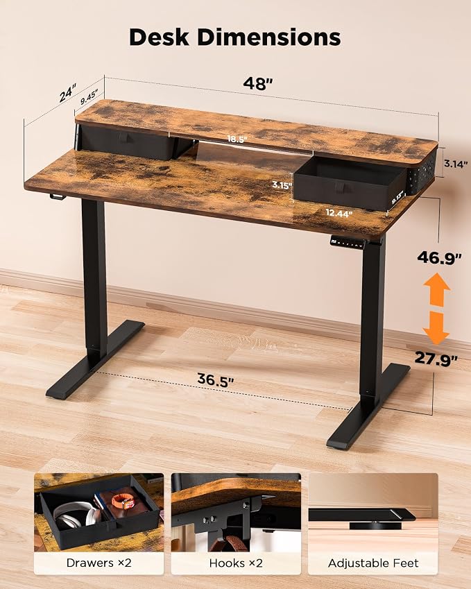 FiCiHi 48x24 Inch Standing Desk with Drawers, C-Clamp Mount Compatible, Electric Adjustable Height Computer Stand Up Desks, Home Office Sit Stand Table with 3 Preset Heights, Rustic Brown