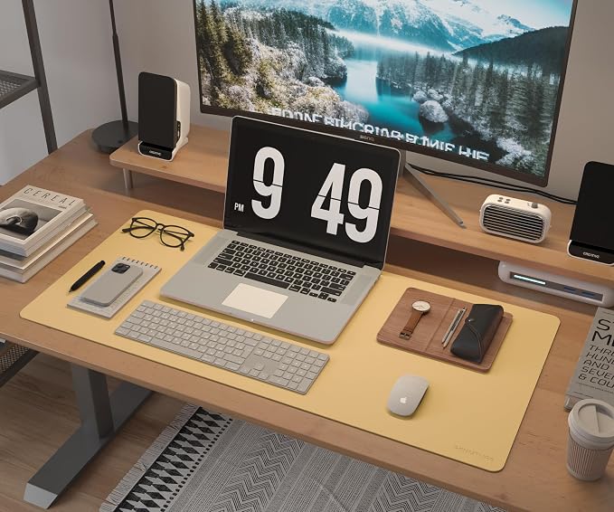 RENMTURE Desk Pad, Cork & PU Leather Desk Mat, Large Mouse pad, Non-Slip Desk Protector and Blotter, Waterproof Writing Pad, Desk Accessories and Organizers for Home Office (Light Yellow, 32"x16")