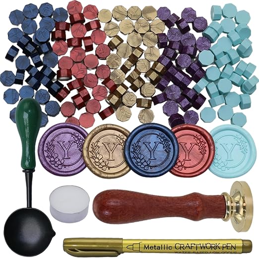 Initial Alphabet Y Wax Seal Stamp Set, Retro Letter Sealing Stamp with 150Pcs Sealing Wax Beads in 5 Color, Melt Spoon Pen Kit for Wedding and Christmas (Y)