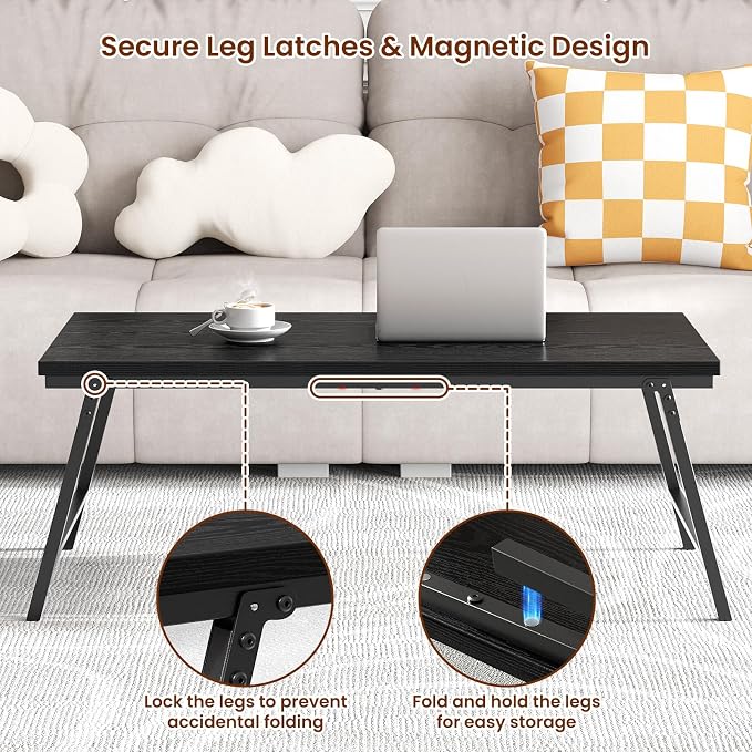 ALLSTAND Folding Coffee Table for Small Spaces, Leg Latches Collapsible Foldable Coffee Table Portable Sturdy, No Assembly Low Tables for Living Room (Black, Opened Size: 41.34L×21.65W×15.75H)
