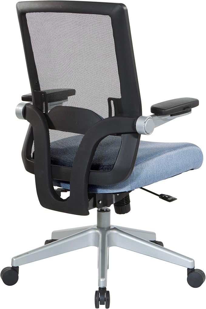Space Seating 867 Series Adjustable Manager's Chair with Breathable Mesh Back, Lumbar Support and Padded Flip Arms, Blue Fabric Seat with Silver Nylon Base