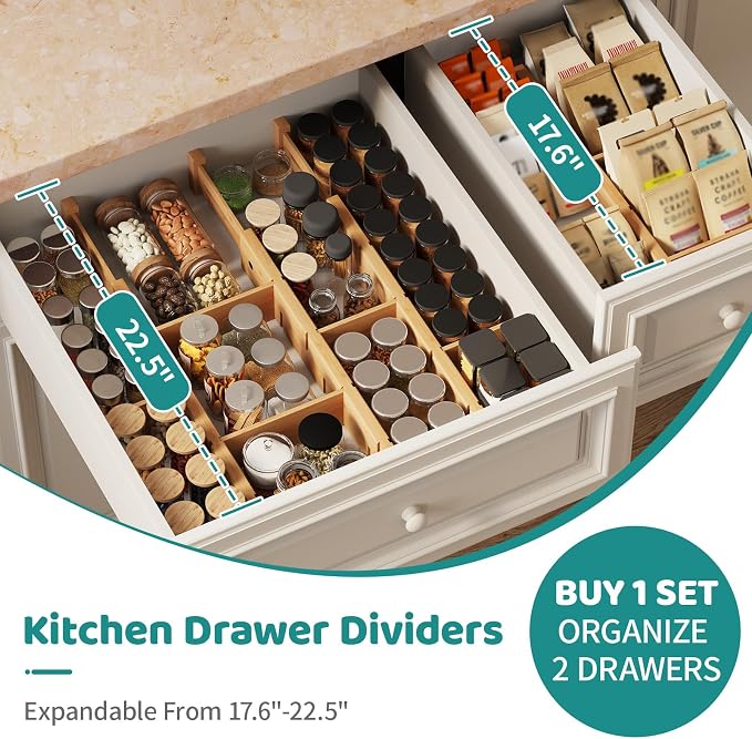 Bamboo Drawer Dividers with Inserts, Kitchen Adjustable Drawer Organizers, Expandable Organization for Home, Dressers, 4 Dividers with 8 Inserts