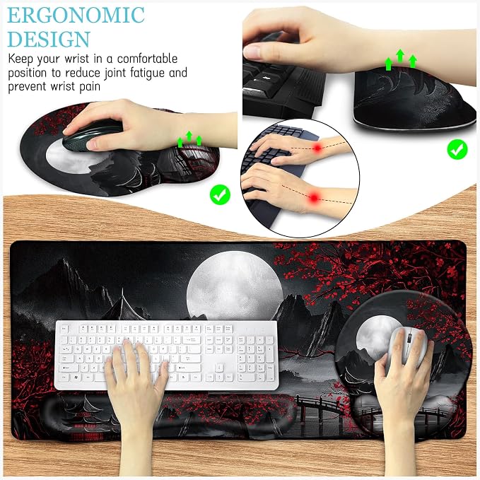LIMKRIAN Japanese Mouse Pad Large Desk Mat Set, XXL Anime Full Moon Ergonomic Mousepad with Wrist Rest, Wrist Support Gaming Keyboard Mat Cup Coaster Set, Japanese Style Office Desk Accessories
