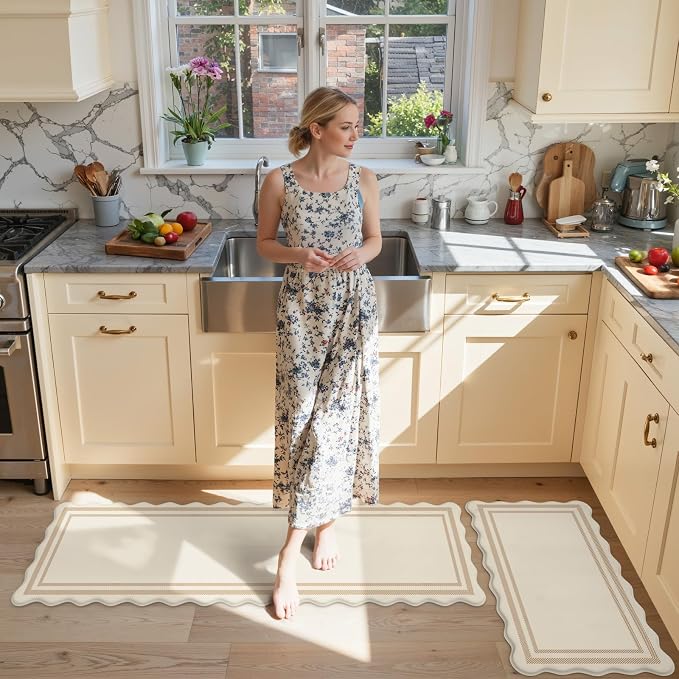 KIMODE Anti Fatigue Kitchen Mats,Beige Boho Kitchen Rugs,Modern Home Decor | Padded Kitchen Mat for Floor, Standing Desk Mat, Cushioned Kitchen Mats for Floor for Laundry Office RV Sink 17"x59"+17"x29"
