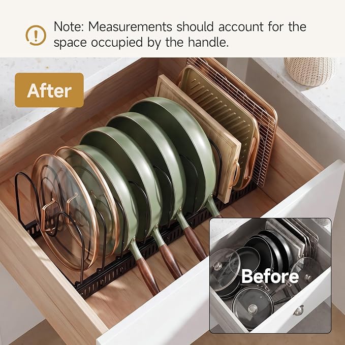 MUDEELA Pot Lid Organizer for Cabinet, Expandable Baking Pan Rack 10 Slots | 11.8–22.9" Expandable, 10 Adjustable Divider, Tool-Free Assembly, Non-Slip, Scratch-Proof, For Pan Lid Cutting Board Bakeware