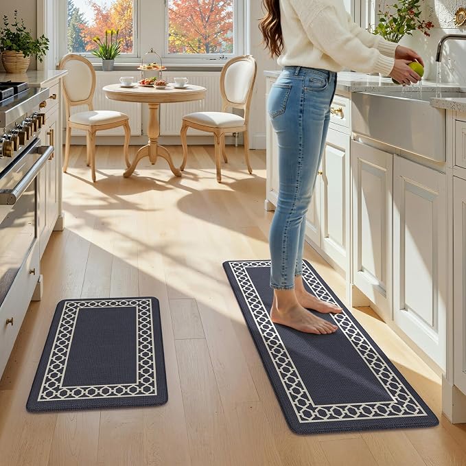 LEEVAN Anti Fatigue Kitchen Mats for Floor, Cushioned Kitchen Mat Set 2PCS | 17.3"x29"+17.3"x47", Boho Navy Blue Kitchen Rugs Non-Slip, Waterproof Ergonomic Standing Mats for Laundry, Office, Bar & Sink