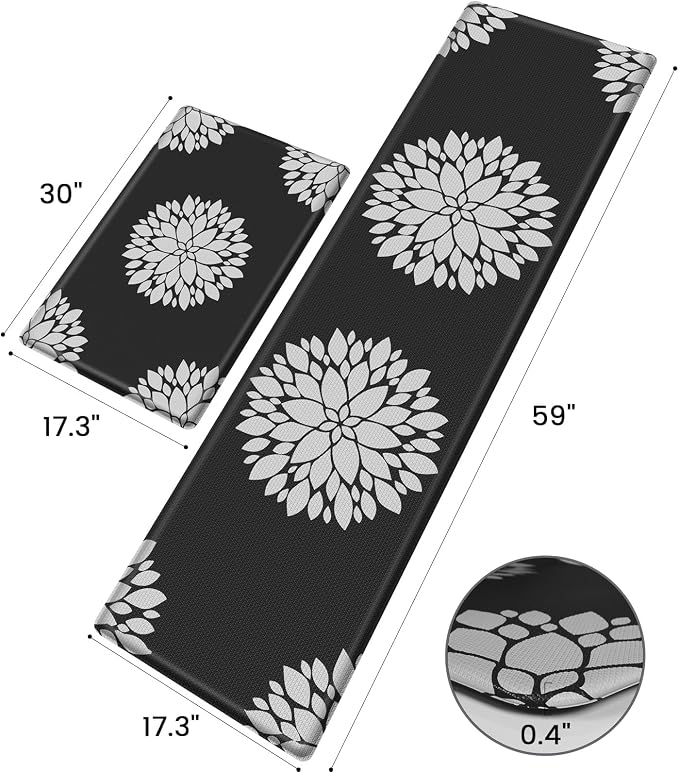 2PCS Kitchen Mats for Floor, Anti Fatigue Non-slip Larger Black Rug | Soft Kitchen Rugs for Home, Cushioned Standing Desk Mat, Comfort Mat for Office, Sink, Laundry, 17.3" x 59" + 17.3" x 30"