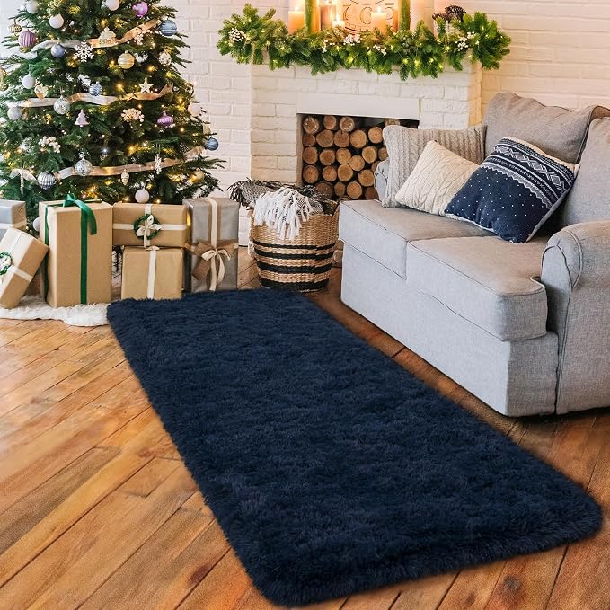 HOMORE 2'x6' Runner Rugs for Bedroom, Navy Blue Ruuner Rug for Hallway Entryway Laundry, Modern Shag Bedroom Runner Cute Carpets for Kids Dorm Bedside