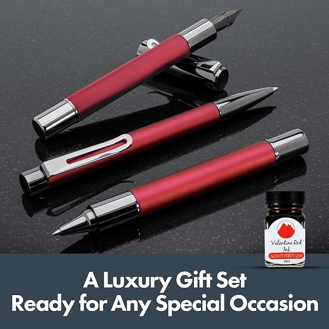 Monteverde Ritma 3+2 Piece Gift Set, Red - Includes Medium Nib Fountain Pen, Rollerball, Ballpoint, 30ml Ink & Refill - Premium Writing Set for Professionals & Collectors