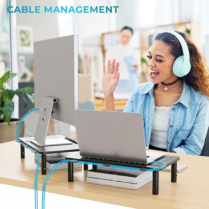 BONTEC Monitor Stand for Desk 2 Pack, 3-Level Height Adjustable Metal Monitor Riser, 14.5 x 9.1 in Ergonomic Computer Stand with Pen Holder & Cable Management for Printer, Laptop, Office Workstation