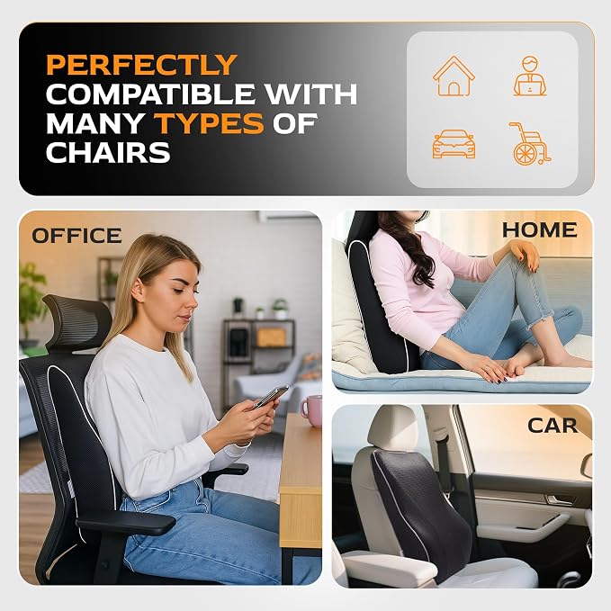 TULARIS Extra Dense Lumbar Support Pillow with Double Adjustable Straps - Ergonomic Memory Foam Cushion for Office Chair, Car, Couch - Firm Back Support for Lower Back & Spine Pain Relief