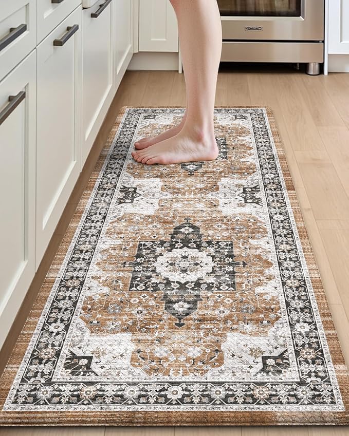 DEXI Kitchen Floor Mats Cushioned Anti Fatigue, 23x59 Long Wide Standing Comfort Runner Rug, Waterproof Retro Floral Memory Foam Padded for Front Sink Laundry, Black/Brown
