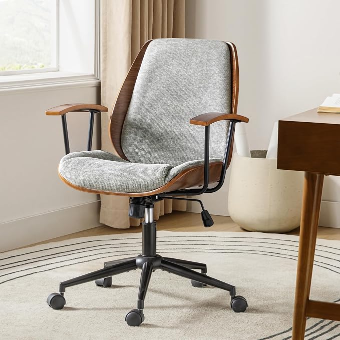 HULALA HOME Solid Wood Office Chair with Tilt Function & Metal Base, Grey | Mid Century Modern Desk Chair with Bent Wood Frame, 360° Swivel Fabric Computer Task Chair, Height Adjustable