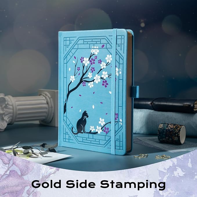 TIEFOSSI A5 Lined Journal, Cute Cat Journal for Women Girls, College Ruled Notebook with Pretty Sakura Pattern, Aesthetic Diary for Writing Journaling Drawing, Golden Edges