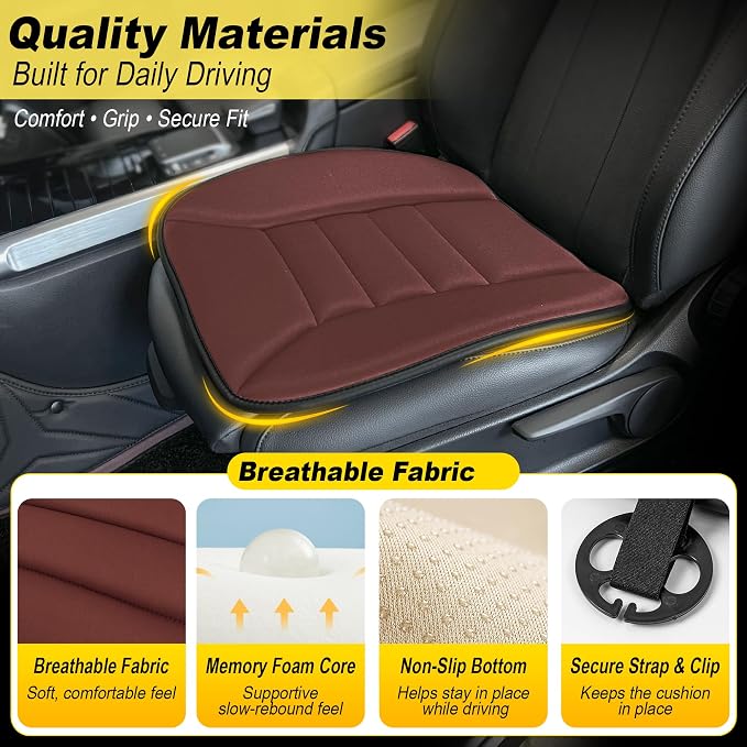 kingphenix 3-Piece Memory Foam Car Seat Cushion Set for Driving Comfort | 2 Front Seat Cushions and 1 Rear Bench Pad, 1.2-Inch Memory Foam, Non-Slip Bottom for Sedan, SUV, Truck and Van, Brown
