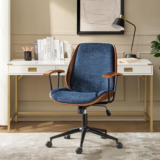 Modern Ergonomic Office Chair with Wood Frame & Metal Base, Swivel Home Office Desk Chairs with Adjustable Height, Comfy Upholstered Computer Chair, Navy