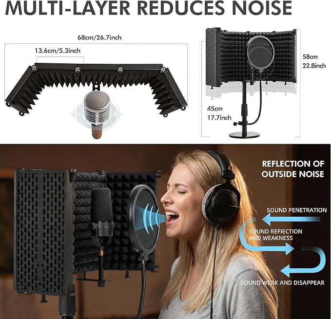 Microphone Stand With Isolation Shield,Recording Studio Equipment With Pop Filter,Heavy-Duty Desktop Stand, Foldable Mic Shield With Sound Insulation For Recording Studio, Podcasts,Broadcasting