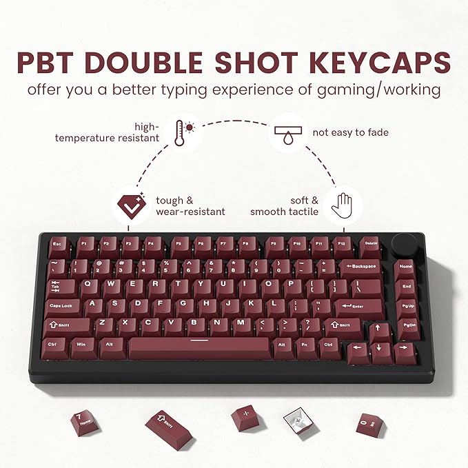 dagaladoo Double Shot PBT keycaps Set,Dark Red Keyboard caps,Cherry Profile Keycaps 60 65 75 100 Percent,126- Key Custom keycaps for Mechanical Keyboard Gaming(61/64/68/84/87/100/104/108)