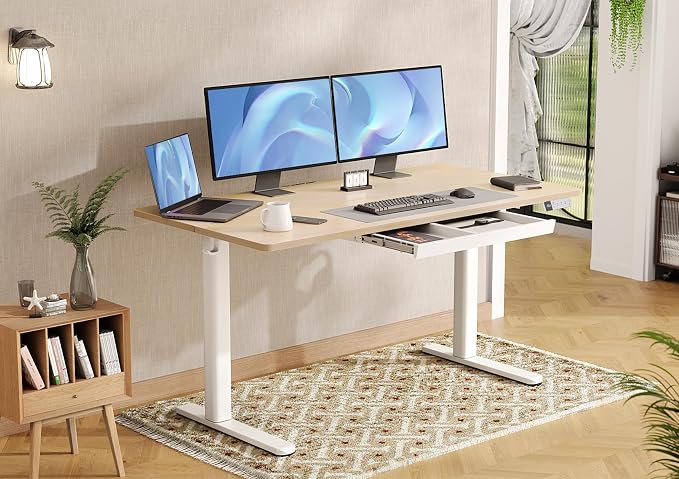 Claiks Electric Standing Desk with Drawers, 55x24 Inch Natural | Sturdy steel frame, 176 lbs capacity, 28.35 to 46.46 inch height range, 45 dB motor, 3 preset buttons, 2 hooks