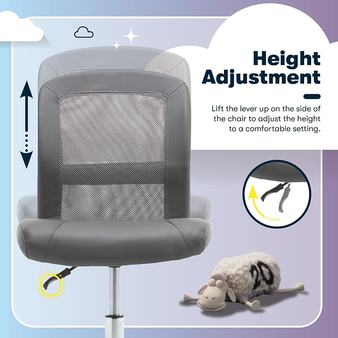 Serta Armless Small Home Desk Chair with Wheels, Ergonomic Mesh Back Chair | Leather & Foam Cushion Seat, Adjustable Height, Small Vanity Chair for Bedroom & Small Spaces, Home Office Desk Chair, Gray