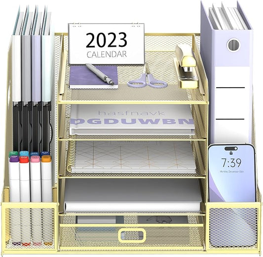 SUPEASY Mesh Desk Organizer with File Holder, 5-Tier Paper Letter Tray Organizer with Magazine Holder, Desktop Organizer and Storage with Drawer for Office Supplies Home or School (Golden)