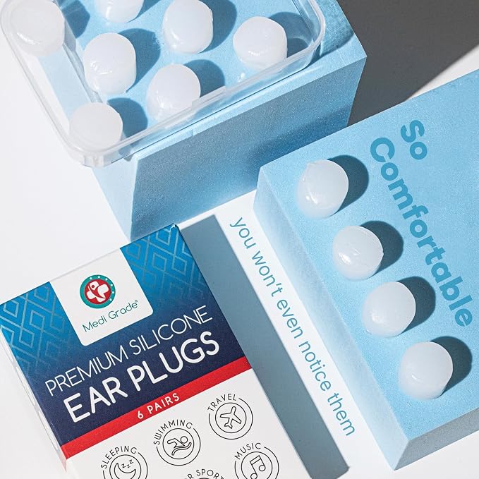 Silicone Ear Plugs for Sleeping [9 Pairs] by Medi Grade - Custom Fit Soft Silicone Ear Plugs that Block Out Snoring 27dB – Noise Reduction Reusable Earbuds - Bonus Travel Cases, Ear Towel, Hair Ties