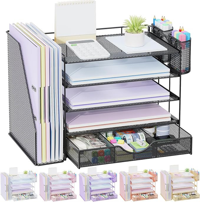 gianotter 5-Tier Desk Organizer with Drawers and File Holders | Letter Trays and Pen Holders - Workspace Accessories for Office Supplies (Black)