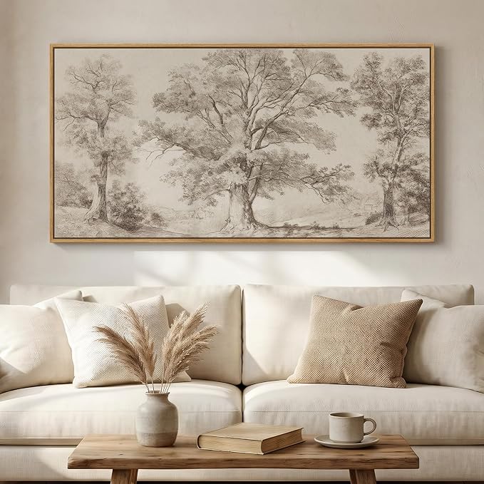 Framed Vintage Landscape Wall Art for Living Room, Horizontal Neutral Canvas Artwork Wall Decor, Large Tree Pictures Prints Paintings for Bedroom Dining Room Hallway, 20x40 Inch