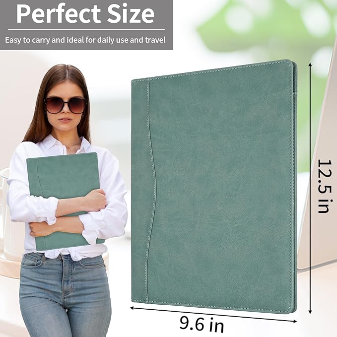 Professional Padfolio Portfolio Binder, Faux Leather Interview Resume Folder, Letter Size A4 Legal Writing Pad Holder, Document Organizer for Business School Office Conference (Green)