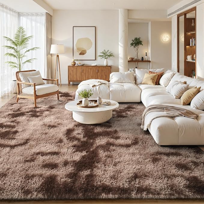 Zentavio Area Rugs for Living Room Large Rugs for Bedroom 8x10 Soft Carpet Fluffy Furry Shag Aesthetic Plush High Pile Gray Throw Rug for Nursery Kids Room Dorm Tie-Dyed Coffee