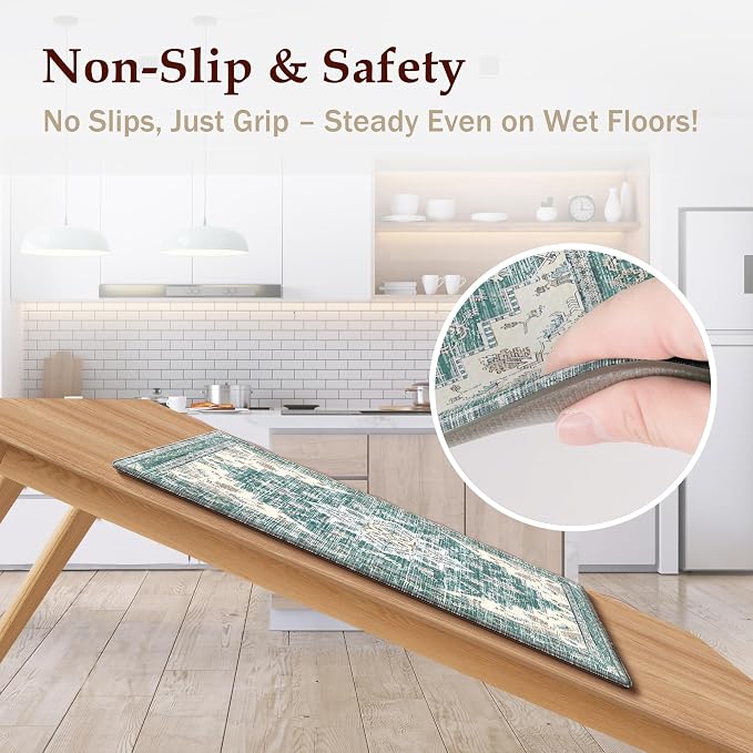 Boho Kitchen Mats for Floor 2 Piece Set Anti Fatigue Cushioned PVC Kitchen Rugs Non Slip Waterproof Farmhouse Mats 2/5 Inch Comfort Standing Mat for Sink, Laundry, 17.3"x47"+17.3"x28", Blue Green