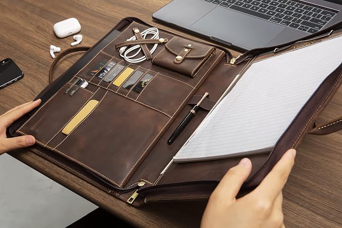 Genuine Leather Portfolio, Padfolio Organizer with Handle, Personalized Padfolio，Padfolio with Zipper for Men Women，Suitable for 15-inch Laptop Legal Pad Padfolio, Dark Khaki