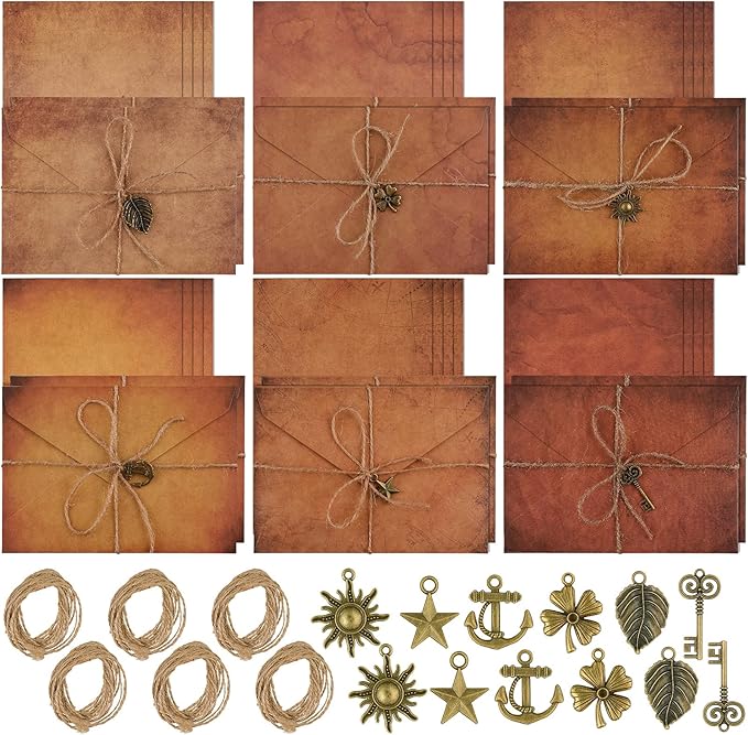 Vintage Stationary Paper and Envelopes Set, Writing Stationery Paper Letter and Envelopes Includes Sheets Antique Letter Papers, Kraft Envelopes, Retro Accessories, Rope (60 Pieces)