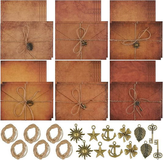 Vintage Stationary Paper and Envelopes Set, Writing Stationery Paper Letter and Envelopes Includes Sheets Antique Letter Papers, Kraft Envelopes, Retro Accessories, Rope (60 Pieces)