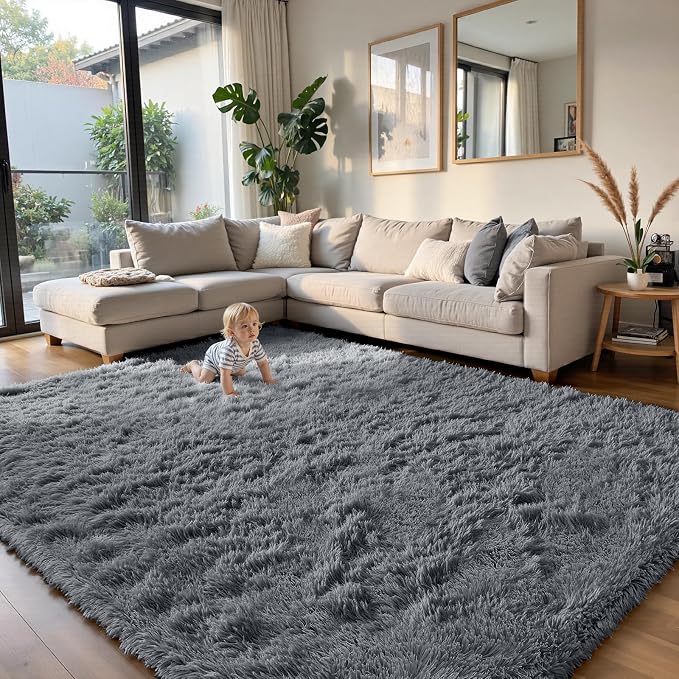 yongyangjuxin Fluffy Rug Shag Area Rug, Grey 8x10 Area Rugs for Living Room, Large Shag Area Rugs for Bedroom Room Home Decor, Upgrade Anti-Skid Rectangular Fuzzy Rugs