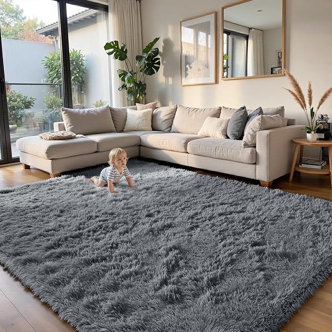 yongyangjuxin Fluffy Rug Shag Area Rug, Grey 9x12 Area Rugs for Living Room, Large Shag Area Rugs for Bedroom Room Home Decor, Upgrade Anti-Skid Rectangular Fuzzy Rugs