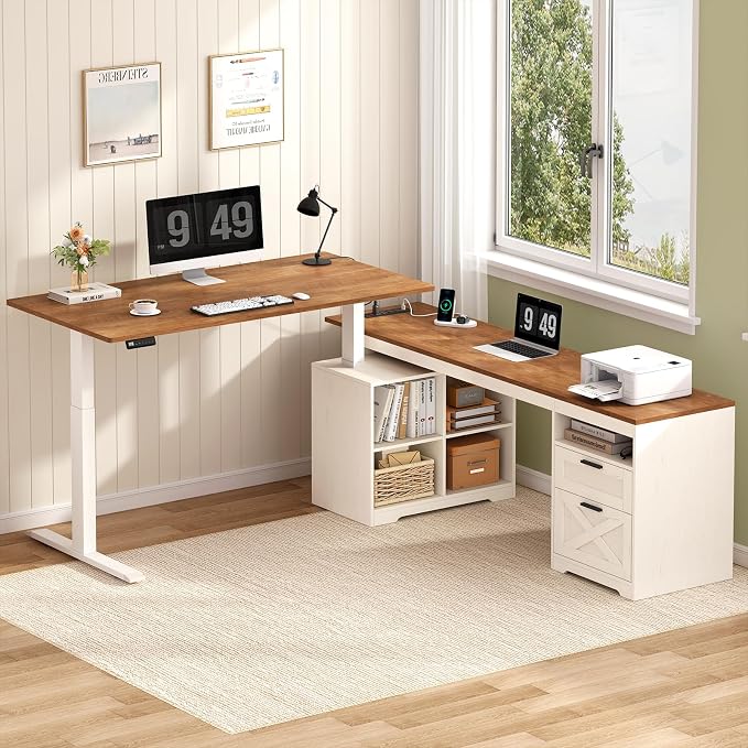 66 inch Farmhouse L Shaped Standing Desk with Storage for Home Office | Corner Electric Standing Desk with Drawers ＆ Storage Shelves, Height Adjustable Desk with Power Outlets, Antique White