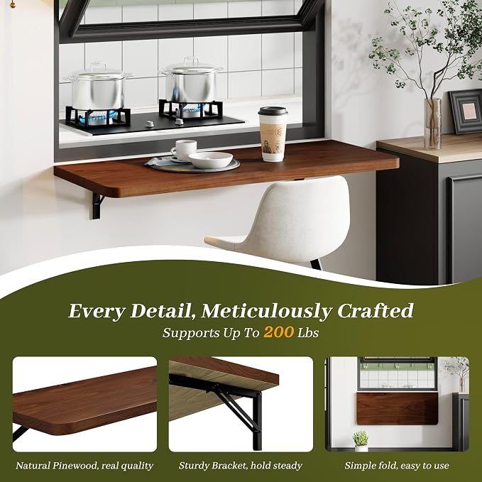 Dogsky Floating Wall Desk, 36" x 14" Wall Mounted Folding Table, Pine Wood Fold Down Wall Table, 200 lb Capacity Wall Mount Desk for Small Apartment, Laundry Room,Kitchen,Bar & Computer Use, Walnut