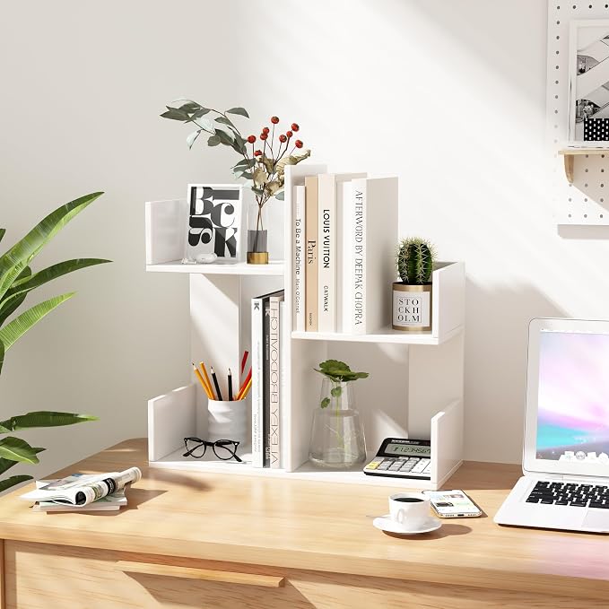 Modern 2-Tier Desk Bookshelf, Short Book Organizer, Display Shelf & Desktop Storage Rack, Space-Saving Desk Bookshelf for Books, Decor & Small Items, White