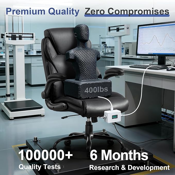 Brage Living Big and Tall Office Chair 400LBS, Heavy Duty Leather Executive Desk Chair with Flip-Up Arms, High Back Swivel Rolling Computer Chair with Rocking Function for Home Office (Black)