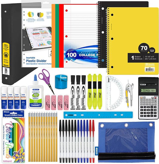 BAZIC PRODUCTS Middle and High School Supplies Kit, 65 Pieces, Grades 7-12, Compass Calculator Notebooks Pencils Pens Highlighters, Prepacked